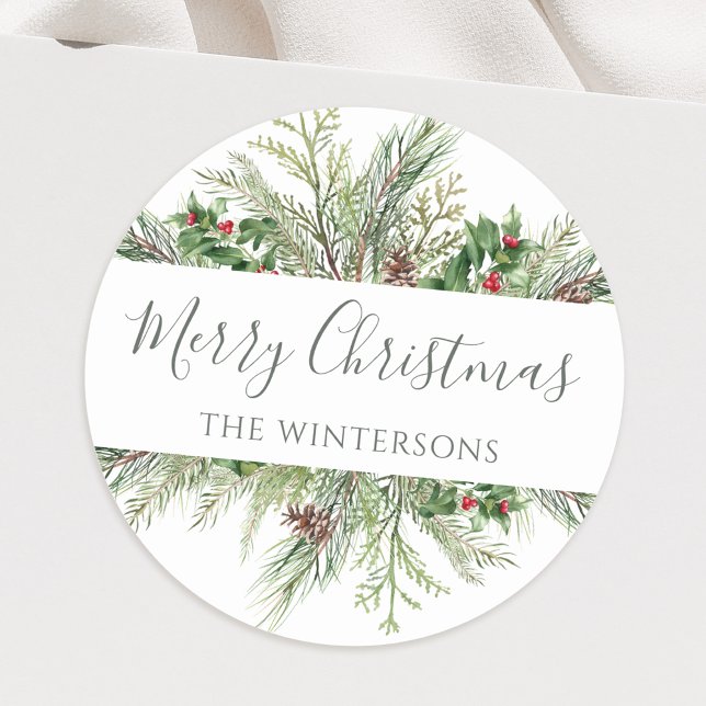 Rustic Winter Greenery Merry Christmas Classic Round Sticker (Creator Uploaded)