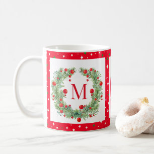 Rustic Winter Greenery Monogram Berry Wreath Coffee Mug