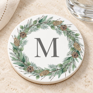 Rustic Winter Greenery Monogram Initial Wreath Coaster