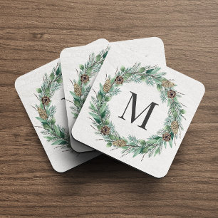 Rustic Winter Greenery Monogram Initial Wreath Coaster