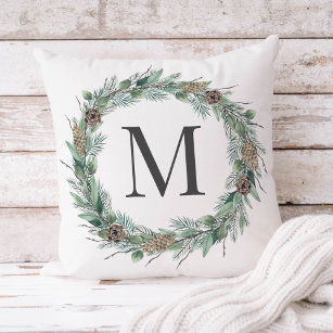 Rustic Winter Greenery Monogram Initial Wreath Cushion