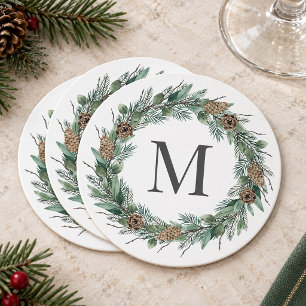 Rustic Winter Greenery Monogram Initial Wreath Round Paper Coaster