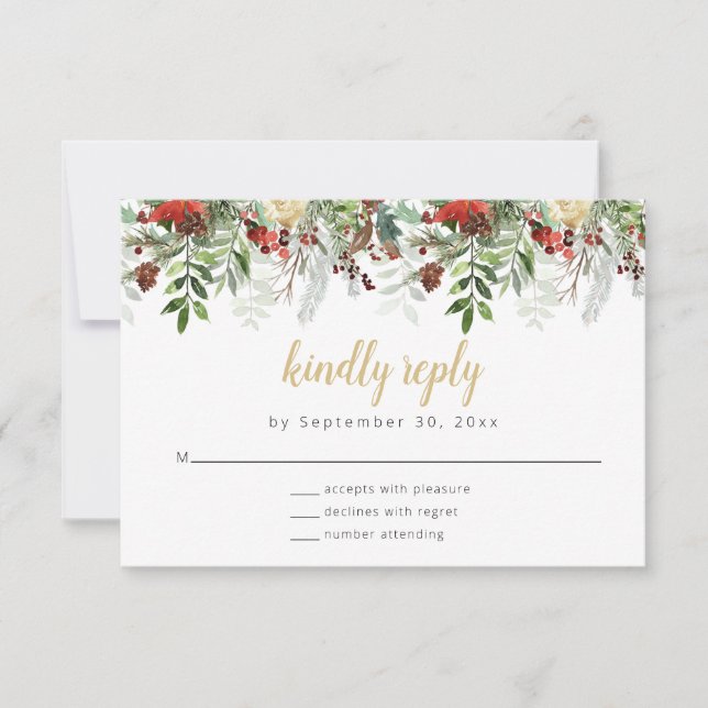 Rustic Winter Greenery RSVP Card Holiday Wedding (Front)