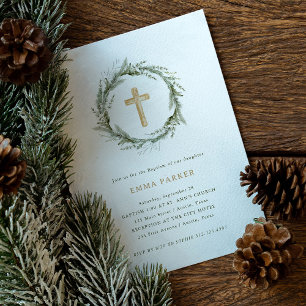 Rustic Winter Greenery   Wreath and Cross Baptism Invitation