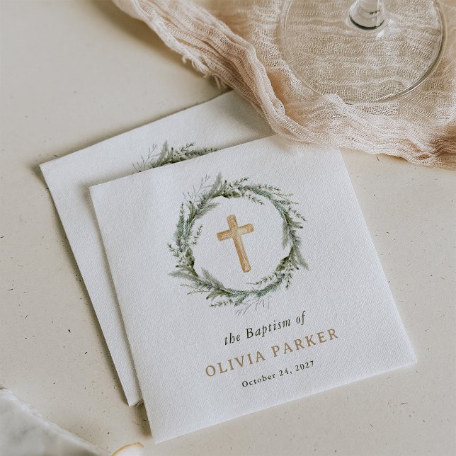 Rustic Winter Greenery | Wreath and Cross Baptism Napkin (Creator Uploaded)