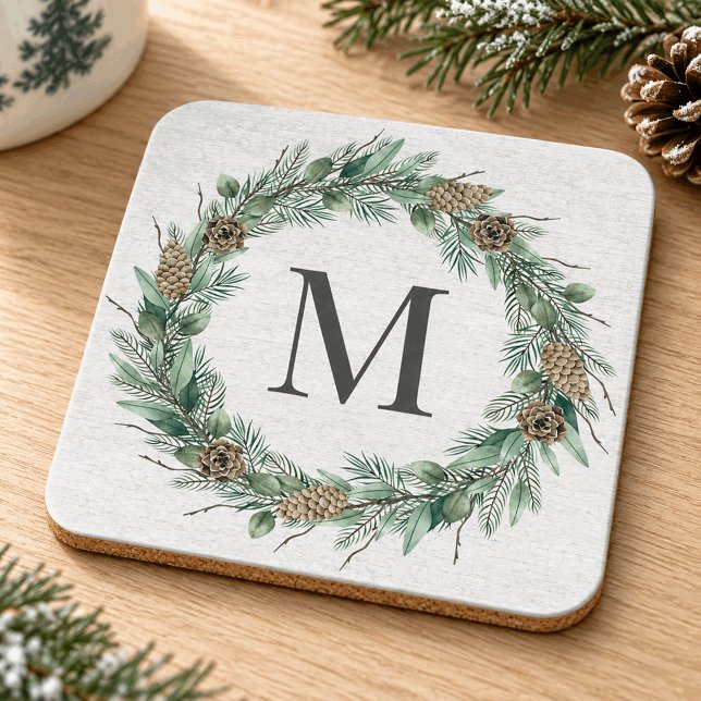 Rustic Winter Greenery Wreath Monogram Coaster (Creator Uploaded)