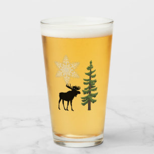 Rustic Winter Holiday Moose Snowflake Pine Tree Glass