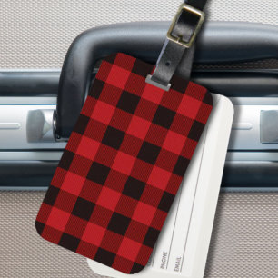 rustic winter holiday red black buffalo plaid luggage tag