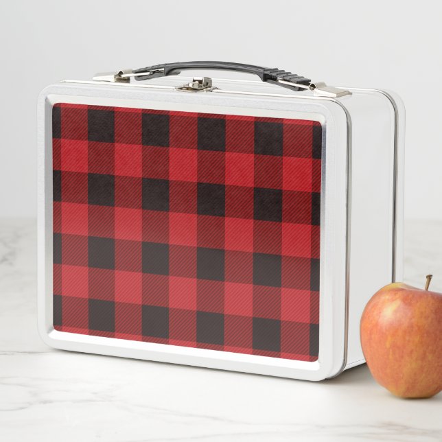 rustic winter holiday red black buffalo plaid metal lunch box (In Situ)