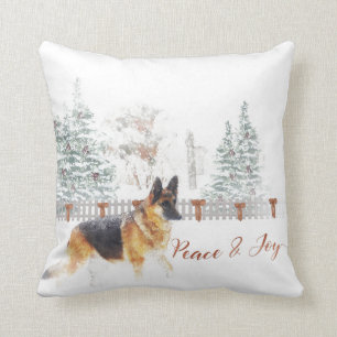 Rustic Winter Holiday Scene with German Shepherd Cushion