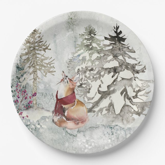 Rustic Winter Holiday Snow Scene with Fox Paper Plate (Front)