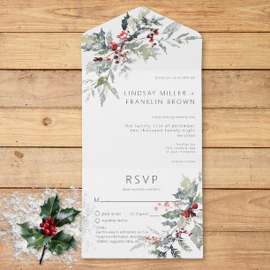 Rustic Winter Holly Berries & Snow Details All In One Invitation