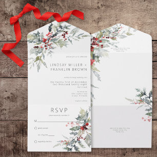 Rustic Winter Holly Berries & Snow No Dinner All In One Invitation