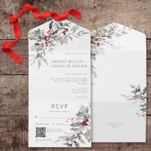 Rustic Winter Holly Berries & Snow QR Code All In One Invitation