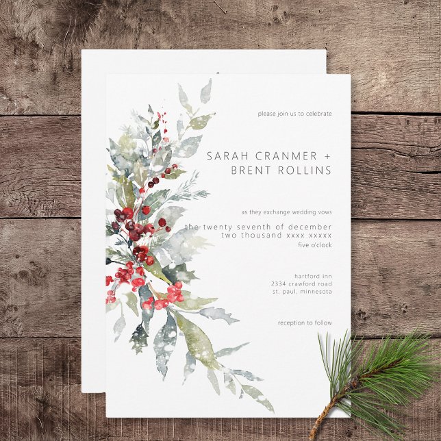 Rustic Winter Holly Berries & Snow Wedding Invitation (Rustic Winter Holly Berries & Snow Wedding Invitation)