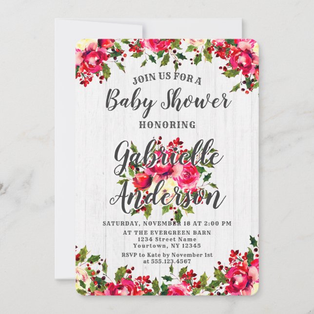 Rustic Winter Holly & Berry Baby Shower Invitation (Front)