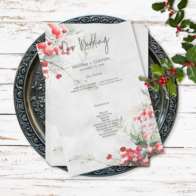 Rustic Winter Holly & Pine Wedding Program Programme (Rustic Winter Holly & Pine Wedding Program)