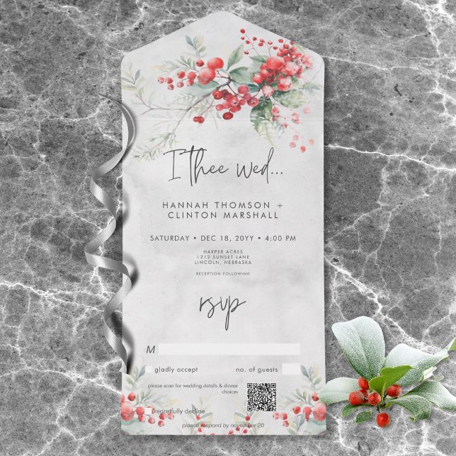 Rustic Winter Holly & Pine Wedding QR Code All In One Invitation (Rustic Winter Berries & Pine Wedding QR Code All In One Invitation)