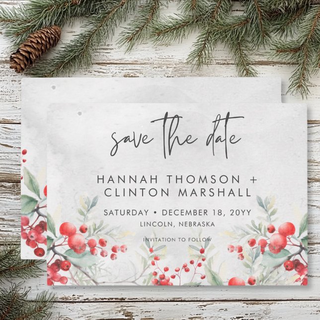 Rustic Winter Holly & Pine Wedding Save The Date (Rustic Winter Holly & Pine Wedding Save The Date)