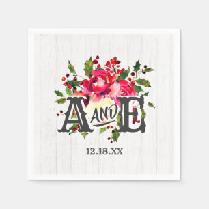 Rustic Winter Holly White Wood Wedding Monogram Napkin