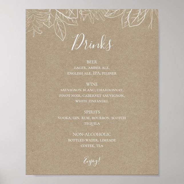 Rustic Winter | Kraft Wedding Drinks Menu Sign (Front)