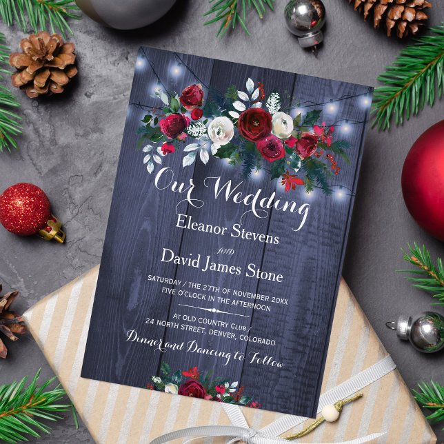 Rustic winter lights burgundy floral wedding invitation (Creator Uploaded)