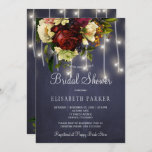 Rustic winter lights navy burgundy bridal shower invitation<br><div class="desc">Rustic winter wonderland bridal shower chic invitation with beautiful red burgundy and ivory cream flowers with green foliage,  strings of twinkle lights and a trendy handwritten typography script over a dark midnight navy blue chalkboard background.            Suitable for seasonal winter holidays Christmas floral themed,  mountains resort or farmhouse bridal parties.</div>