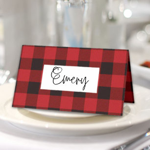 rustic winter lumberjack red buffalo plaid party place card