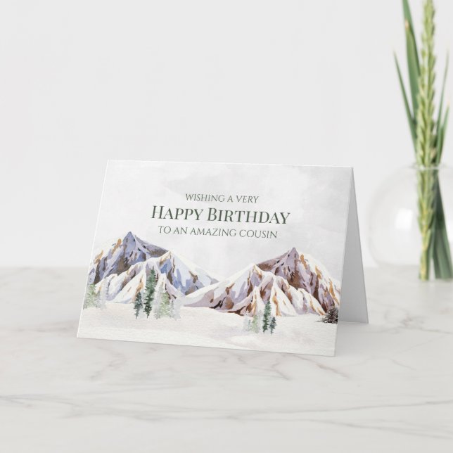 Rustic Winter Mountain Happy Birthday Cousin Card (Front)