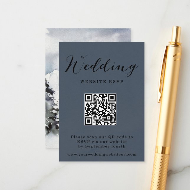 Rustic Winter Mountain QR code Wedding Response  Enclosure Card (Front/Back In Situ)