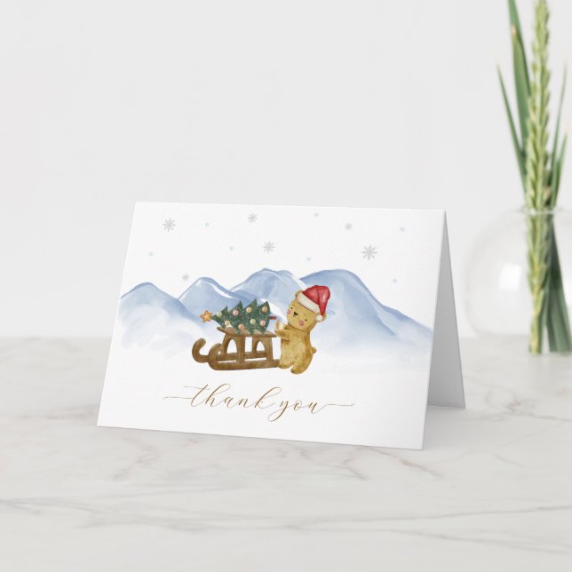 Rustic Winter Mountain Sleigh Bear Baby Shower  Thank You Card (Front)