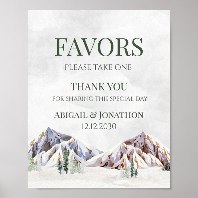 Rustic Winter Mountain Wedding Favors Sign (Front)