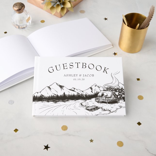 Rustic Winter Mountain Wedding Guest Guest Book (Front Open)