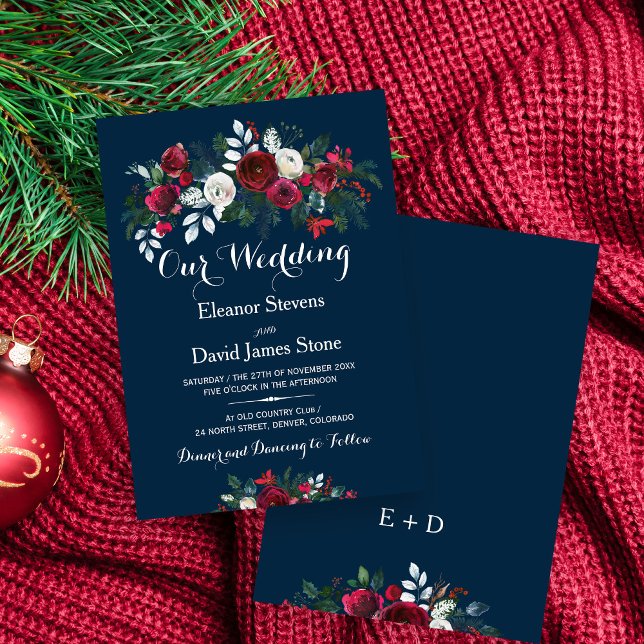 Rustic winter navy blue burgundy floral wedding invitation (Creator Uploaded)
