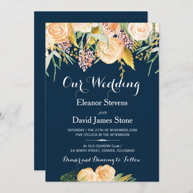 Rustic winter navy blue peach peony floral wedding invitation (Front/Back)