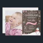 Rustic Winter Onederland 1st Birthday Invitation<br><div class="desc">Rustic Winter Onederland 1st Birthday Invitation with custom photo. Snowman. Pink and White Snowflake. First Birthday. Girl 1st Bday Invite. Rustic Wood Background. Black and White. For further customisation,  please click the "Customise it" button and use our design tool to modify this template.</div>