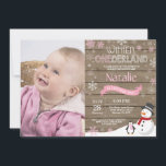 Rustic Winter Onederland 1st Birthday Invitation<br><div class="desc">Rustic Winter Onederland 1st Birthday Invitation with custom photo. Snowman and Penguin. Pink and White Snowflake. First Birthday. Girl 1st Bday Invite. Rustic Wood Background. For further customisation,  please click the "Customise it" button and use our design tool to modify this template.</div>
