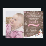 Rustic Winter Onederland 1st Birthday Invitation<br><div class="desc">Rustic Winter Onederland 1st Birthday Invitation with custom photo. Snowman and Penguin. Pink and White Snowflake. First Birthday. Girl 1st Bday Invite. Rustic Wood Background. For further customisation,  please click the "Customise it" button and use our design tool to modify this template.</div>