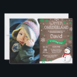 Rustic Winter Onederland 1st Birthday Invitation<br><div class="desc">Rustic Winter Onederland Snowman 1st Birthday Invitation with custom photo. Baby Boy or Girl. Green and White Snowflake. First Birthday. Boy or Girl 1st Bday Invite. Rustic Wood Background. For further customisation,  please click the "Customise it" button and use our design tool to modify this template. 㐰</div>