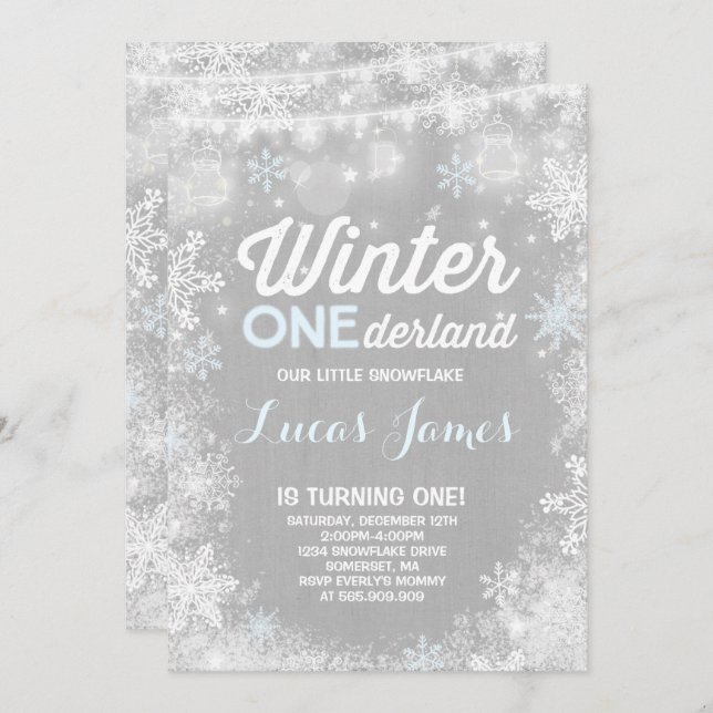 Rustic Winter ONEderland Birthday Invitation Blue (Front/Back)
