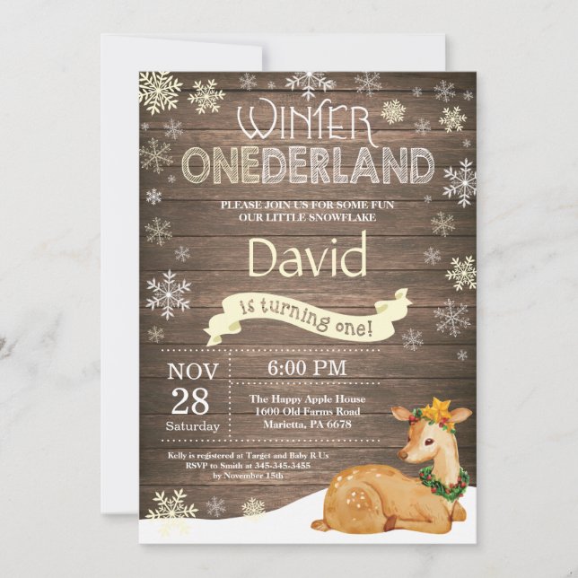 Rustic Winter Onederland Deer 1st Birthday Invitation (Front)
