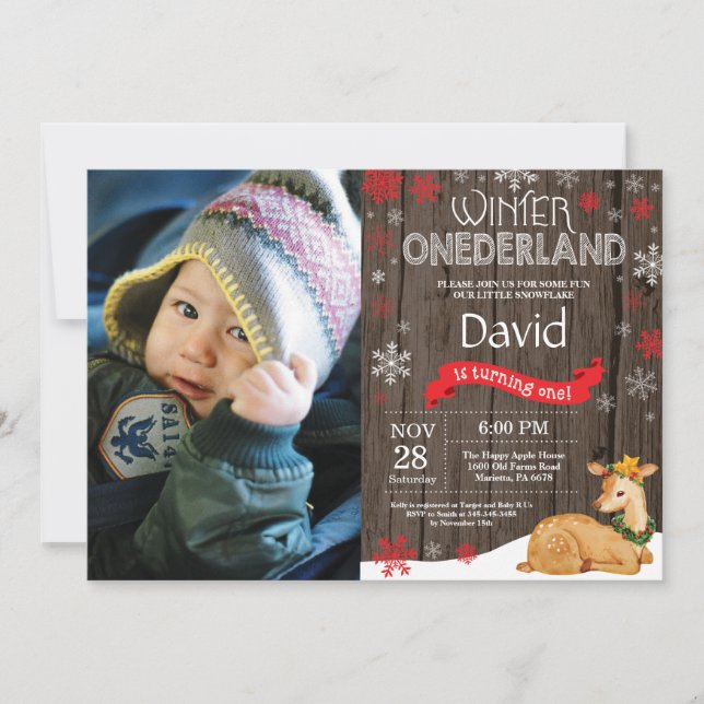 Rustic Winter Onederland Deer 1st Birthday Invitation (Front)