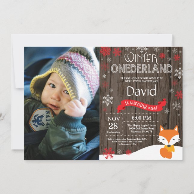 Rustic Winter Onederland Fox 1st Birthday Invitation (Front)