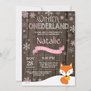 Rustic Winter Onederland Fox 1st Birthday Invitation