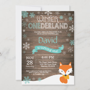 Rustic Winter Onederland Fox 1st Birthday Invitation
