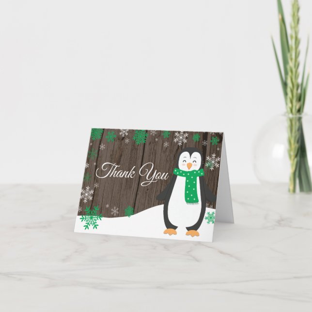 Rustic Winter Penguin Green Snowflake Thank You Card (Front)