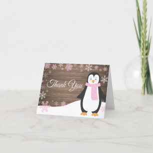 Rustic Winter Penguin Snowflake Pink Thank You Card