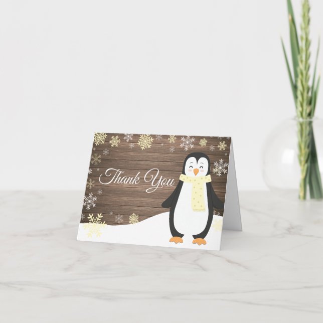 Rustic Winter Penguin Snowflake Yellow Thank You Card (Front)