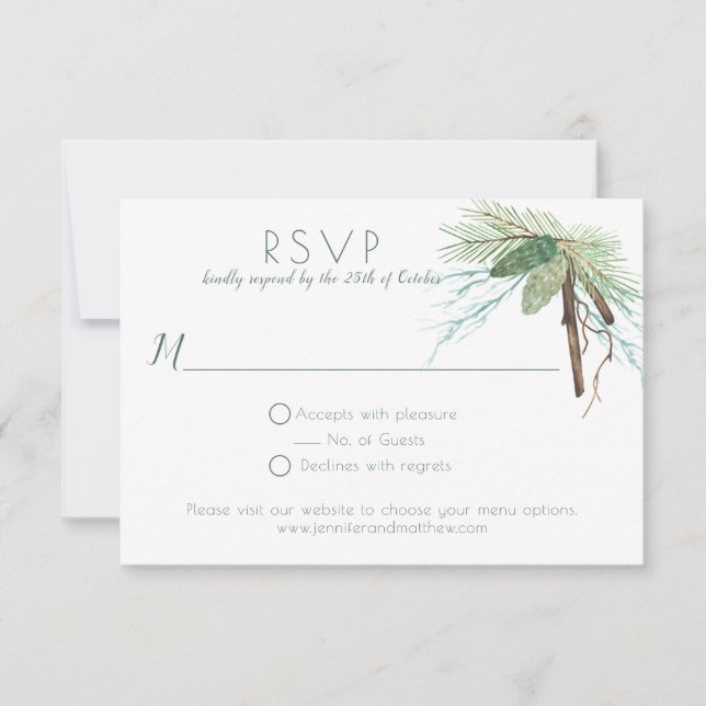 Rustic Winter Pine Branches Vines RSVP Card (Front)