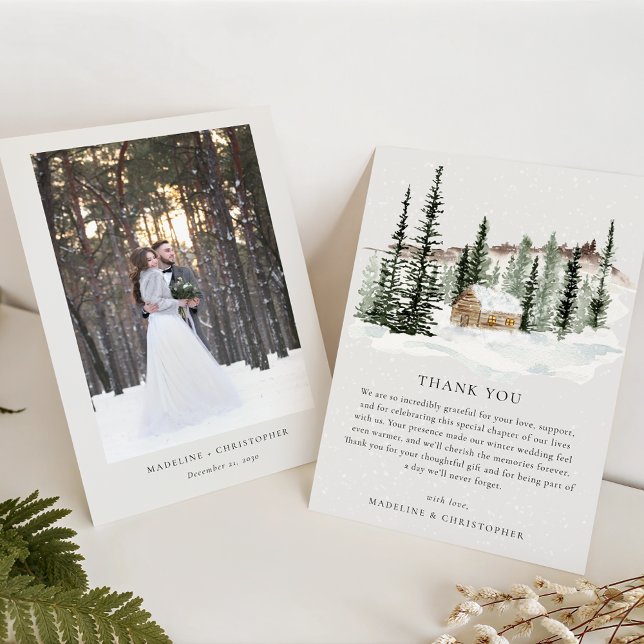 Rustic Winter Pine Cabin Photo Wedding Thank You Card (Creator Uploaded)